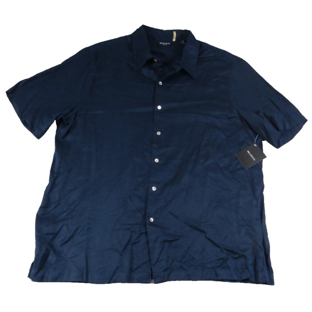 NWT Brandini Men XXL Shirt Silk Short Sleeve Button Front Navy Blue Solid Casual